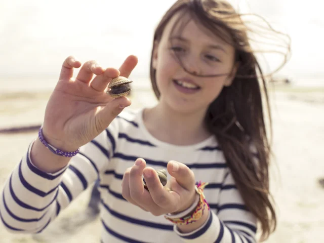 Young girl in a sailor suit holding a shell in her hand to check the size.